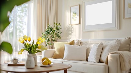 Poster - Blank white mat frame mockup set on a wooden table in a cozy minimalist home interior environment  Simple elegant design for displaying photography or artwork