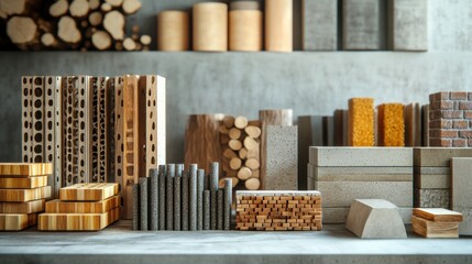 Aufkleber - Diverse construction materials including bricks, wood, and concrete blocks displayed on a workshop shelf for easy access and selection. Generative AI