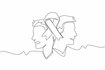 Poster - Single continuous line drawing green ribbon in middle of two people with different expressions. Mental disorders. Health disorders. Mood swings. World Bipolar Day. One line design vector illustration