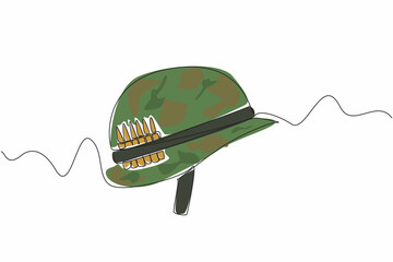Poster - Single one line drawing an army helmet with bullet stock attached to the helmet. Be prepared. Battlefield can happen suddenly. Vietnam War Veterans Day. Continuous line design graphic illustration