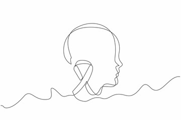 Poster - Single continuous line drawing the green ribbon and head silhouette of child. Developmental disorders. Care about them. National Cerebral Palsy Awareness Month. One line design vector illustration