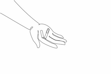 Poster - continuous one line drawing a cigarette broken in the middle into 2 parts is placed on open palm. sh