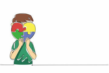 Poster - Single continuous line drawing boy holding a heart shaped 4 piece puzzle. Symbolic. Non verbal expression. Needs excessive affection. World Autism Awareness Day. One line design vector illustration
