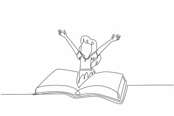 Poster - single continuous line drawing a girl emerges from the middle of open thick book. happy gesture. alm