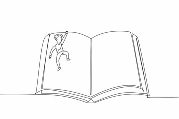 Poster - continuous one line drawing boy hanging in the middle of an open large book. high enthusiasm for rea
