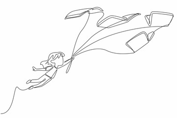 Poster - single continuous line drawing a girl flies while holding a rope tied to 5 flying books. interesting