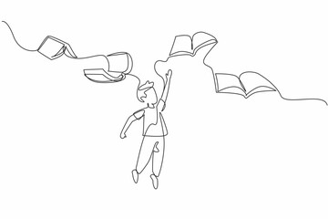 Poster - Continuous one line drawing the books flies and wants to be caught by the boy who is below it. High interest in reading. International of Children Book Day. Single line draw design vector illustration