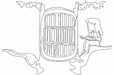 Poster - Single one line drawing a girl sitting on a big tree branch. Bookcase on a tree branch. An interesting fairy tale. Read. International of Children Book Day. Continuous line design graphic illustration