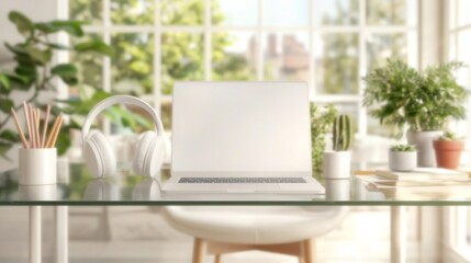 Poster - minimalist headphones mockup placed on a clean modern glass desk in a professional studio setting sh