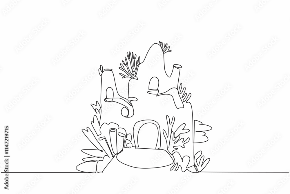 Single one line drawing houses made of coral reefs and other sea creatures. Has an important role in the sea. Habitat. Breed. World Aquatic Animal Day. Continuous line design graphic illustration