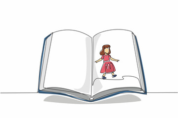 Poster - Single one line drawing girl walking in the middle of open big books holding bookmark. Open the latest page. New hobby. International of Children Book Day. Continuous line design graphic illustration