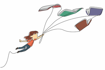 Poster - single continuous line drawing a girl flies while holding a rope tied to 5 flying books. interesting