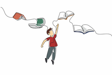 Poster - Continuous one line drawing the books flies and wants to be caught by the boy who is below it. High interest in reading. International of Children Book Day. Single line draw design vector illustration