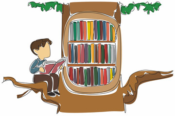 Poster - continuous one line drawing a boy sit on big tree branch. really enjoy reading book. comic. increase