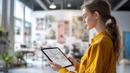 Fototapete - Female Architect Presenting Blueprint Designs on Table in Modern Office