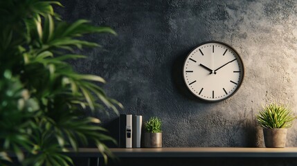 Poster - Blank wall clock mockup with minimal design hanging on a textured wall in a modern office interior  Ideal for product display branding or advertising purposes