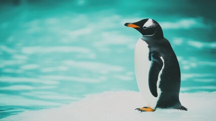 Wall Mural - gentoo penguin standing on ice, ocean background.