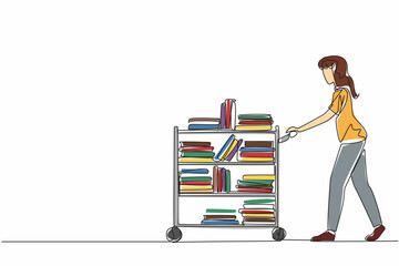 Poster - Single one line drawing female librarian pushing trolley full of books. Arranging books with the help of a trolley. Neatness. National School Librarian Day. Continuous line design graphic illustration