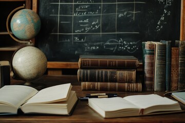 Leinwandbilder - Variety of books and stationery arranged on a wooden desk with a globe and chalkboard in a study room. Generative AI
