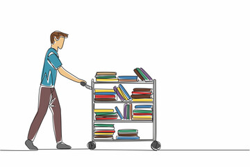 Poster - Single continuous line drawing male librarian pushing a trolley full of books. Maintenance measures. Avoid damage to many books. National School Librarian Day. One line design vector illustration