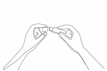 Poster - single one line drawing hand holding and opening the lid of the flash drive. reliable technology. a 