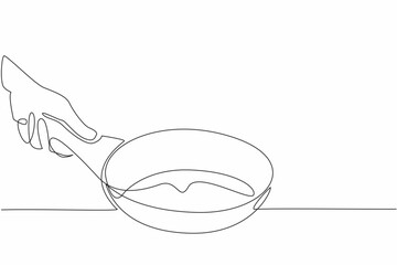 Poster - Single one line drawing hand holding a teflon pan. The best quality of a frying pan. Quick cooking. Very easy to clean. Non-stick. National Teflon Day. Continuous line design graphic illustration