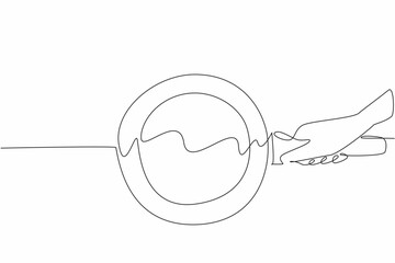 Poster - single continuous line drawing hand holding a standing teflon pan. amazingly clean. after use it doe