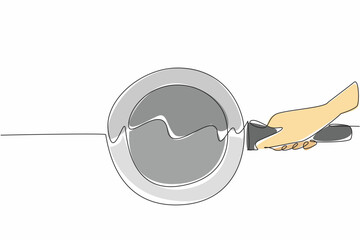 Poster - single continuous line drawing hand holding a standing teflon pan. amazingly clean. after use it doe