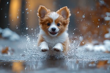 Wall Mural - An adorable puppy joyfully runs through a puddle, splashing water droplets in the autumn scenery.