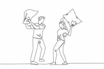 Poster - continuous one line drawing young couple standing hold pillows. joking to express excitement. releas