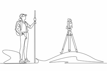 Poster - Continuous one line drawing a woman measures land using total station. The expert who is making the mapping. Measure angles automatically. Geologists Day. Single line draw design vector illustration