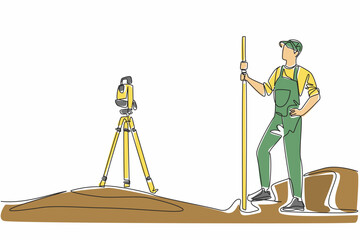 Poster - Continuous one line drawing man measures land using total station. New project plan. Measuring angles and distances. Theodolite. The expert. Geologists Day. Single line draw design vector illustration