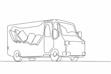 Poster - Single continuous line drawing school bus with pictures of books on the side of body. Positive activities to increase interest in reading. National Bookmobile Day. One line design vector illustration