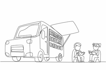 Wall Mural - Continuous one line drawing some little children sitting reading books near the bookmobile. Channeling the hobby of reading. Focus. National Bookmobile Day. Single line draw design vector illustration