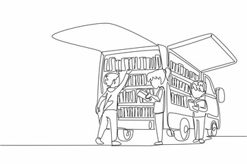 Poster - Single continuous line drawing bookmobile event that makes children enthusiastic. Stay focused on reading while standing. Reaching all. National Bookmobile Day. One line design vector illustration