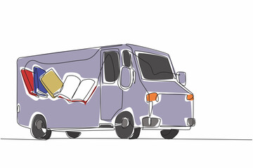 Poster - Single continuous line drawing school bus with pictures of books on the side of body. Positive activities to increase interest in reading. National Bookmobile Day. One line design vector illustration