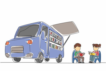 Poster - Continuous one line drawing some little children sitting reading books near the bookmobile. Channeling the hobby of reading. Focus. National Bookmobile Day. Single line draw design vector illustration