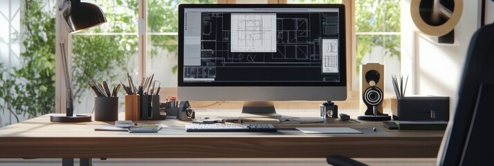 Leinwandbilder - Modern engineering desk setup with a large monitor, creative workspace, and ample natural light for productivity. Generative AI