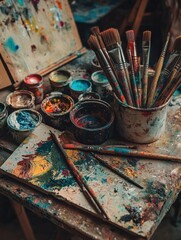 Poster - Colorful artist supplies with brushes, paints, and canvases in a creative workspace filled with texture. Generative AI