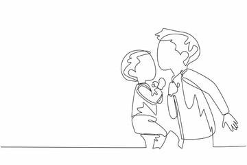 Poster - Single continuous line drawing boy kisses his forehead of baby brother. Loves with all the heart. Admirable and adorable behavior. Asleep. National Siblings Day. One line design vector illustration