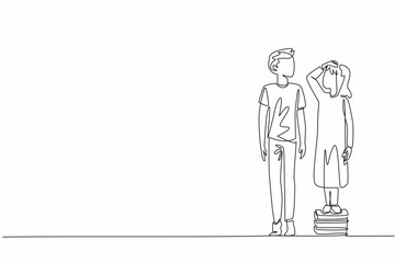 Poster - Continuous one line drawing older brother stands on tiptoe while younger sister stands on a pile of books. Want to be on same level. National Siblings Day. Single line draw design vector illustration