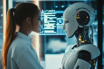 Fototapete - Collaboration between human and artificial intelligence in a modern workspace. Generative AI