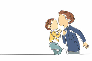Poster - Single continuous line drawing boy kisses his forehead of baby brother. Loves with all the heart. Admirable and adorable behavior. Asleep. National Siblings Day. One line design vector illustration