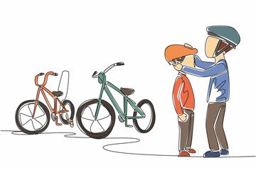 Poster - Single continuous line drawing Big brother helps put bike helmet on his little brother. Commendable traits. Family members love each other. National Siblings Day. One line design vector illustration