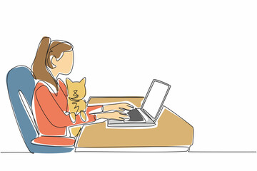 Poster - Single continuous line drawing woman typing on laptop while holding cat. Looking for references in online cat lover communities. Adorable. Bond. National Pet Day. One line design vector illustration