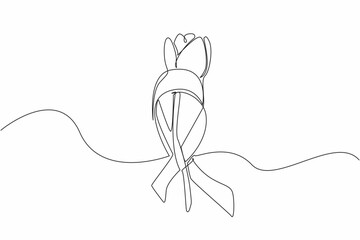 Poster - Continuous one line drawing stemmed red tulips were placed in the middle of gray campaign ribbons. Symbol of concern and sensitivity towards sufferers. Single line draw design vector illustration