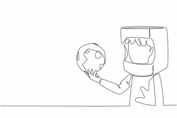 Poster - Single one line drawing boy wearing cardboard helmet holding miniature moon. Aspire as high as the moon. Become a spaceman. Cosmonaut. Cosmonautics Day. Continuous line design graphic illustration