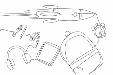 Poster - Continuous one line drawing rocket flies across notebook. Focus on studying to pursue the dreams. Study seriously every time. Make notes. Cosmonautics Day. Single line draw design vector illustration