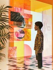 Aufkleber - A visitor engages with immersive virtual artworks in a colorful digital gallery, surrounded by modern design elements and creative expressions. Generative AI