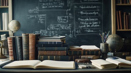 Aufkleber - Desk filled with books, notebooks, and stationery surrounded by a scholarly atmosphere in a study space. Generative AI